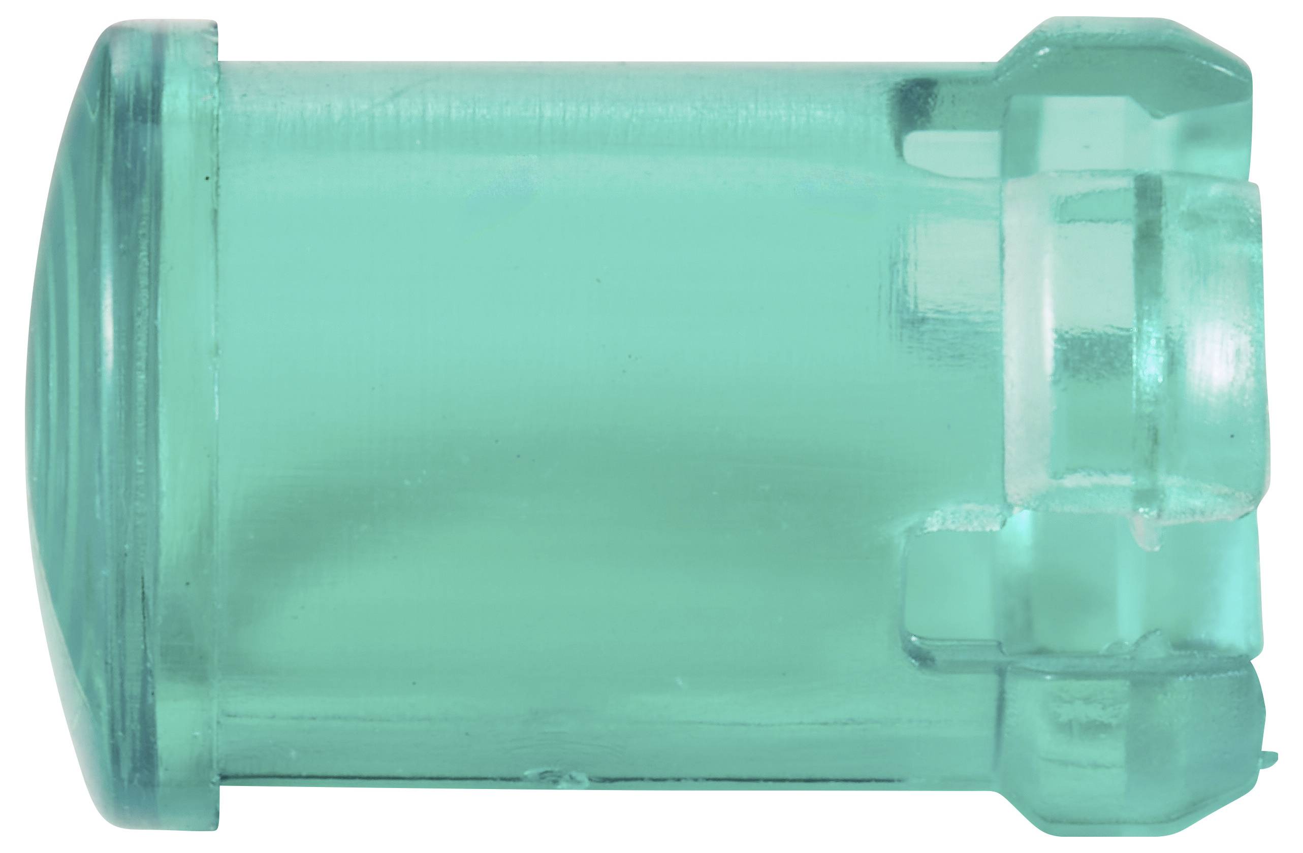 Un bouchon en plastique vert, transparent, de forme cylindrique avec une tête plate.