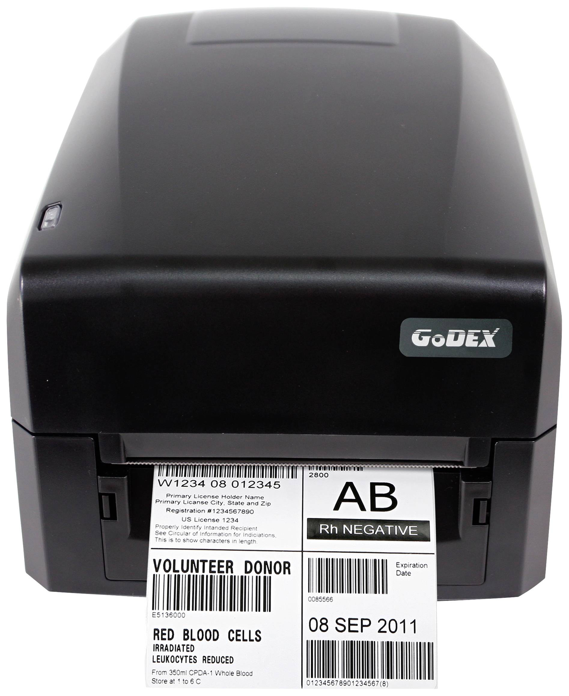 Imprimante noire imprimant une étiquette avec 'AB Rh NÉGATIF', 'DONNEUR BÉNÉVOLE' et la date '08 SEP 2011'.