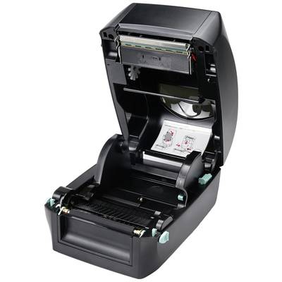 Un imprimante d'étiquettes ouvert avec un rouleau de papier visible et un mécanisme d'impression en préparation pour charger du matériel d'étiquetage.