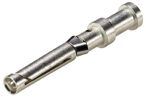 Une fiche métallique argentée, cylindrique avec des rainures. Utilisée pour connecter des câbles électriques dans des applications électroniques.