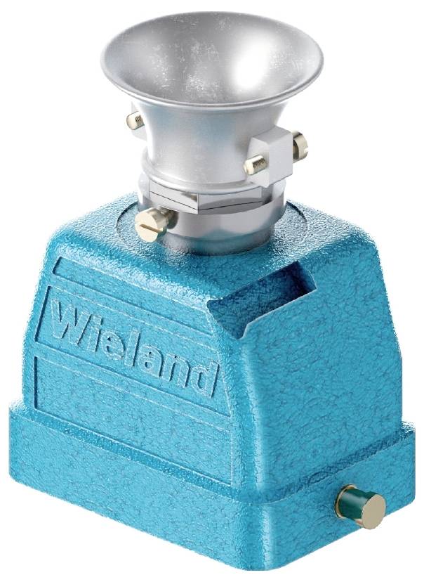 Un entonnoir en métal turquoise portant l'inscription 'Wieland', posé sur un socle robuste et anguleux.