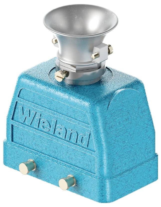 Un adaptateur métallique turquoise portant l'inscription 'Wieland', muni en haut d'une ouverture en forme d'entonnoir.