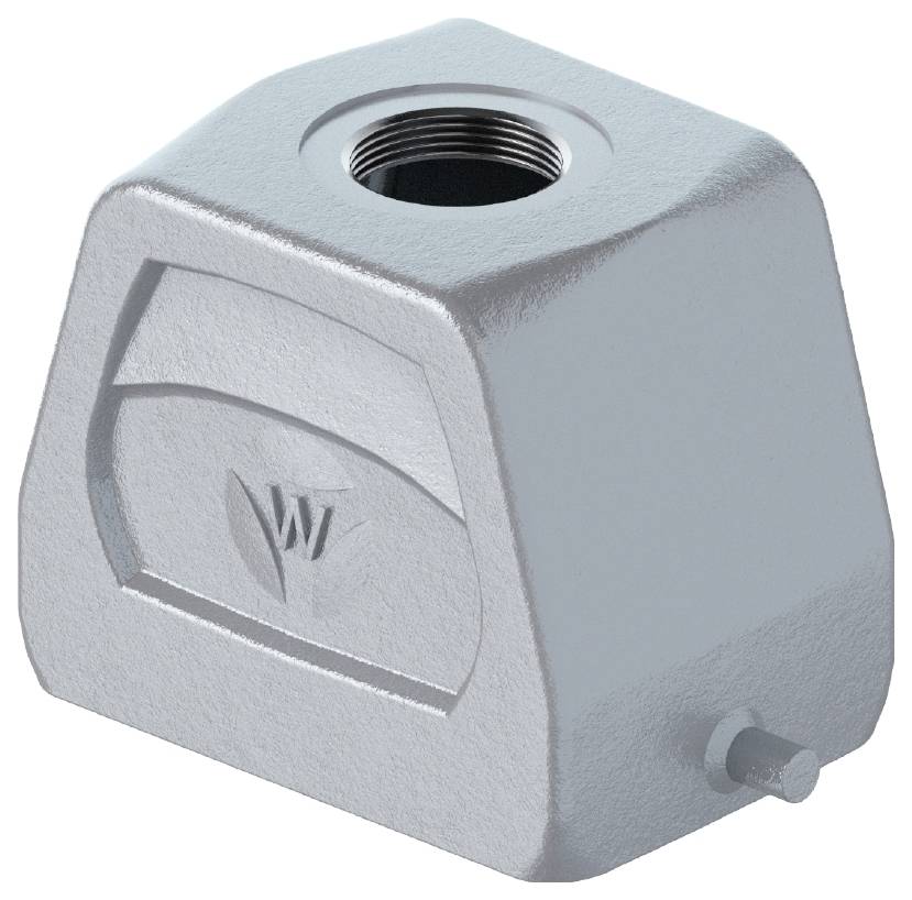 Boîtier métallique avec filetage pour vis, saillie à la base et logo gravé, adapté aux applications industrielles.