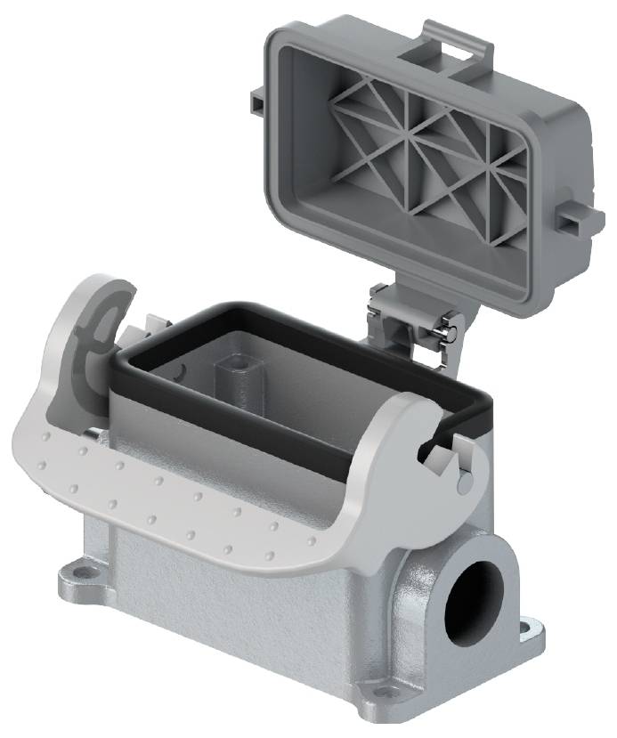Boîtier rectangulaire gris avec couvercle ouvert et passage de câble sur le côté. Principalement utilisé pour les connexions électriques.