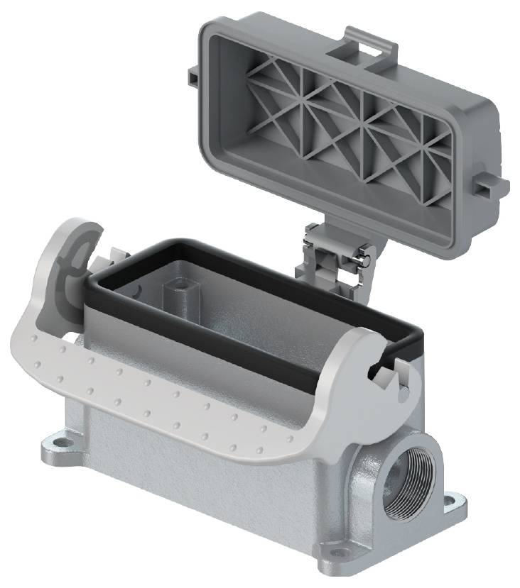 Boîtier de connecteur métallique avec un couvercle rectangulaire ouvert et des supports latéraux, adapté aux connexions industrielles.