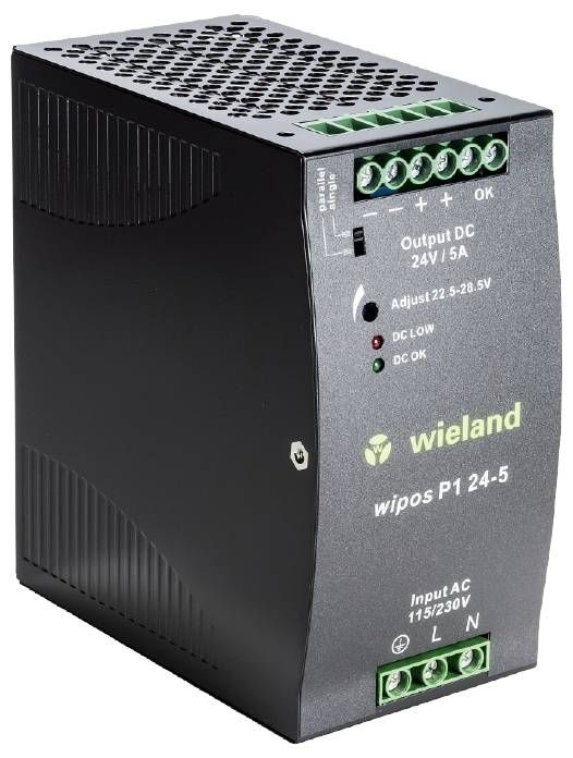 Module d'alimentation noir, marque 'wieland', modèle 'wipos P1 24-5'. Sortie DC 24V, 5A. Connexion simple, bornes vertes en haut et en bas.
