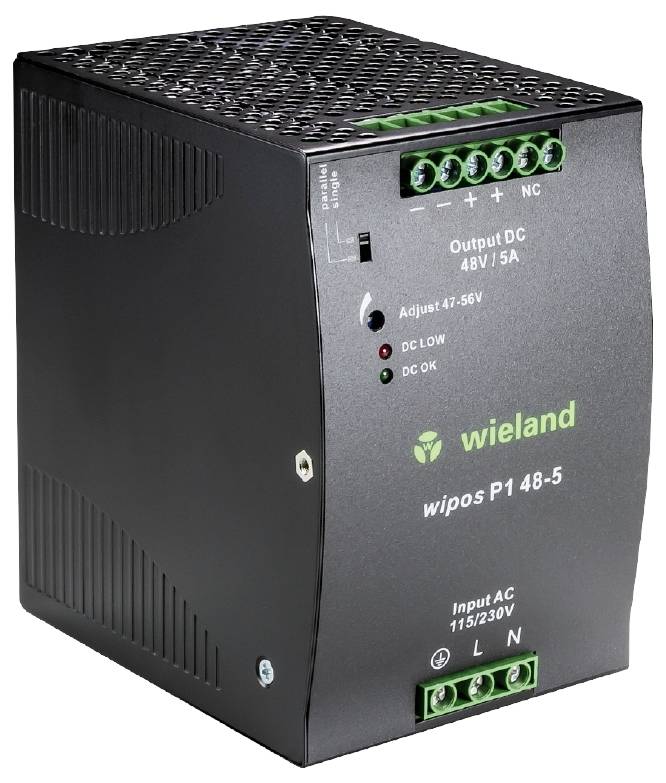Bloc d'alimentation noir avec zone de connexion verte, marque 'Wieland', modèle 'wipos P1 48-5', tension de sortie 48V/5A, entrée 115/230V.