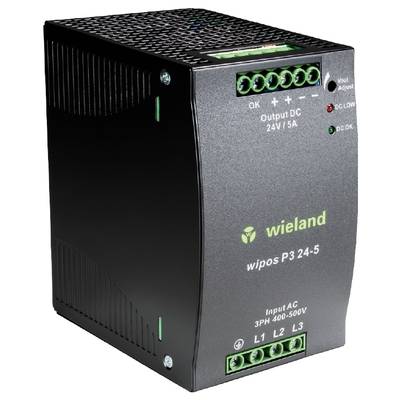 Module d'alimentation noir avec l'inscription « wieland wipos P3 24-5 », marquage d'entrée « 3PH 400-500V », sortie DC « 24V/5A ».