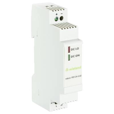 Appareil électronique de couleur blanche, de forme rectangulaire, avec des voyants LED 'DC LO' et 'DC ON'. Nom de marque 'Wieland' et modèle 'wipos PB1 24-0.42' identifiables.