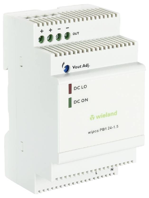 Unité d'alimentation électrique de Wieland avec voyant vert 'DC ON' et voyant rouge 'DC LO', 24V et 1,5A.