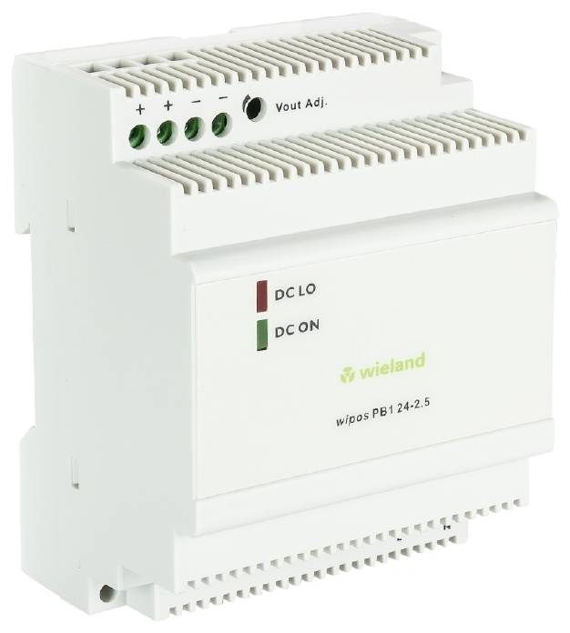 Composant industriel de rail de support blanc avec indicateur LED vert affichant 'DC ON'. Nom du fabricant 'Wieland' sur le devant.