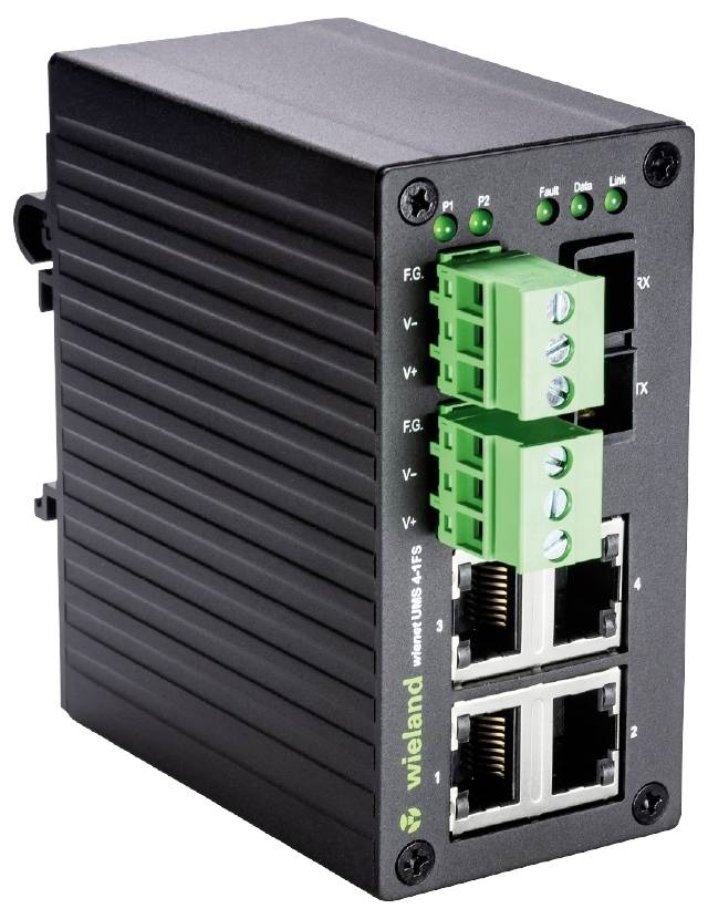 Appareil réseau noir rectangulaire avec des bornes de connexion vertes et quatre ports Ethernet, adapté aux applications industrielles.