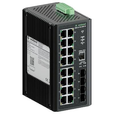 Commutateur réseau industriel avec 16 ports Ethernet et connecteur vert en haut, adapté pour une utilisation dans des réseaux complexes.