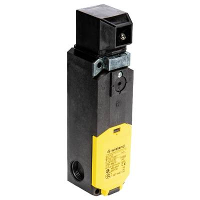 Interrupteur de sécurité noir avec base jaune et charnière métallique, typiquement utilisé pour des applications industrielles.