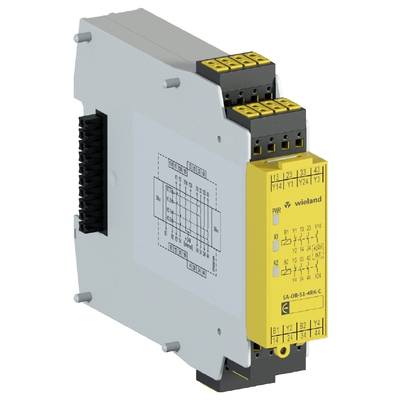 Relais de sécurité électrique Wieland avec façade jaune et plusieurs bornes de connexion, adapté pour l'installation dans les armoires électriques.