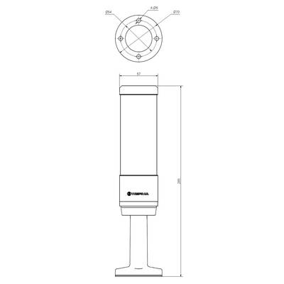 Dessin technique d'un dispositif cylindrique avec les dimensions suivantes : hauteur 305 mm, largeur 57 mm. Présente une vue de dessus et une vue latérale avec des points de fixation.