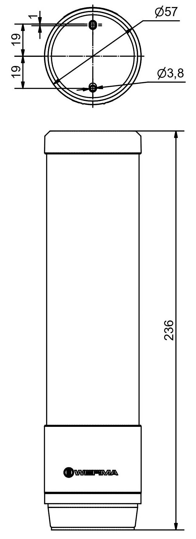 Dessin technique d'un composant cylindrique avec dimensions. Vue de dessus : Ø57 mm, perçages de Ø3,8 mm. Vue latérale : hauteur 236 mm.