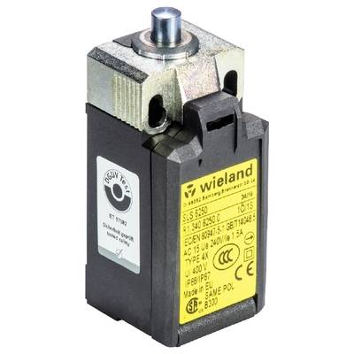 Un interrupteur de sécurité de la marque Wieland avec une étiquette jaune sur laquelle sont visibles des spécifications techniques et des cachets de contrôle.