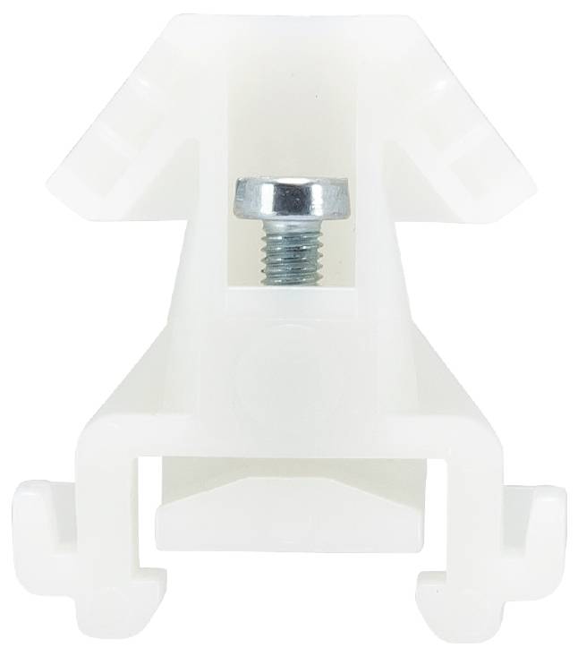 Agrafe de fixation en plastique blanc avec une vis à métaux au centre, probablement utilisée pour la fixation de luminaires ou de panneaux.