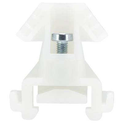 Agrafe de fixation en plastique blanc avec une vis à métaux au centre, probablement utilisée pour la fixation de luminaires ou de panneaux.