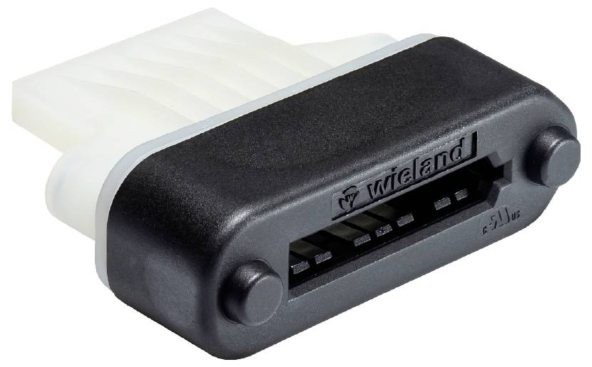 Un connecteur électrique avec un boîtier noir et plusieurs broches métalliques ; 'Wieland' est gravé sur la face avant.