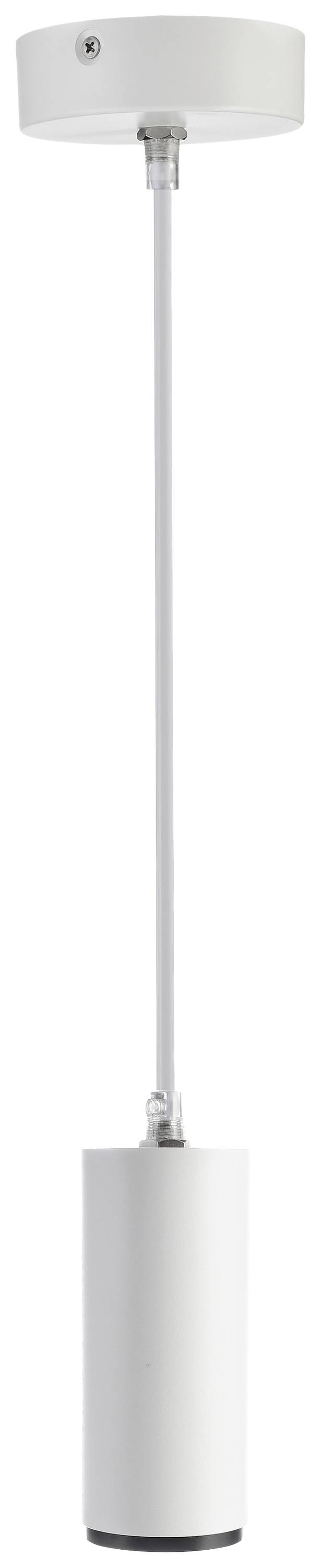 Lampe suspendue blanche cylindrique au design épuré, composée d'un long câble et d'un support de plafond rond.