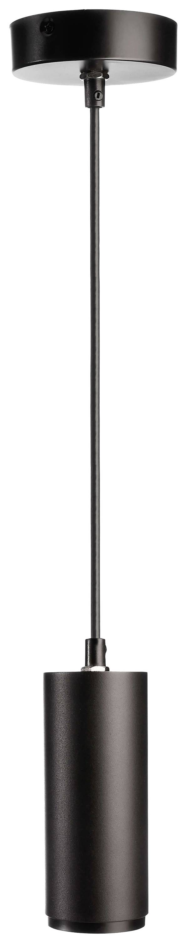 Une lampe suspendue noire, cylindrique, au design épuré et au long câble, descend d'un support de plafond rond.