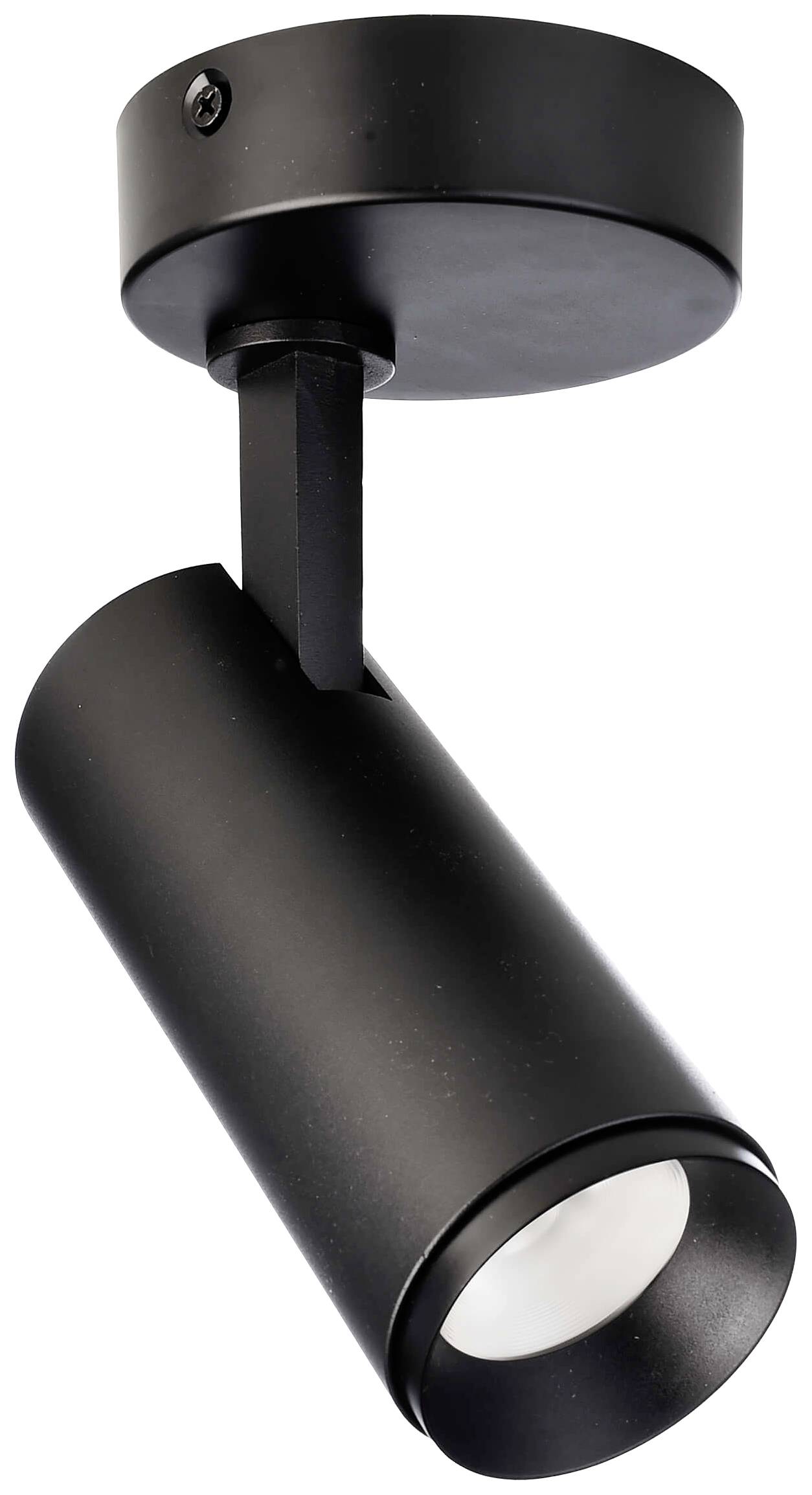 Spot de plafond cylindrique noir avec tête orientable, adapté pour un éclairage ciblé dans les espaces intérieurs.