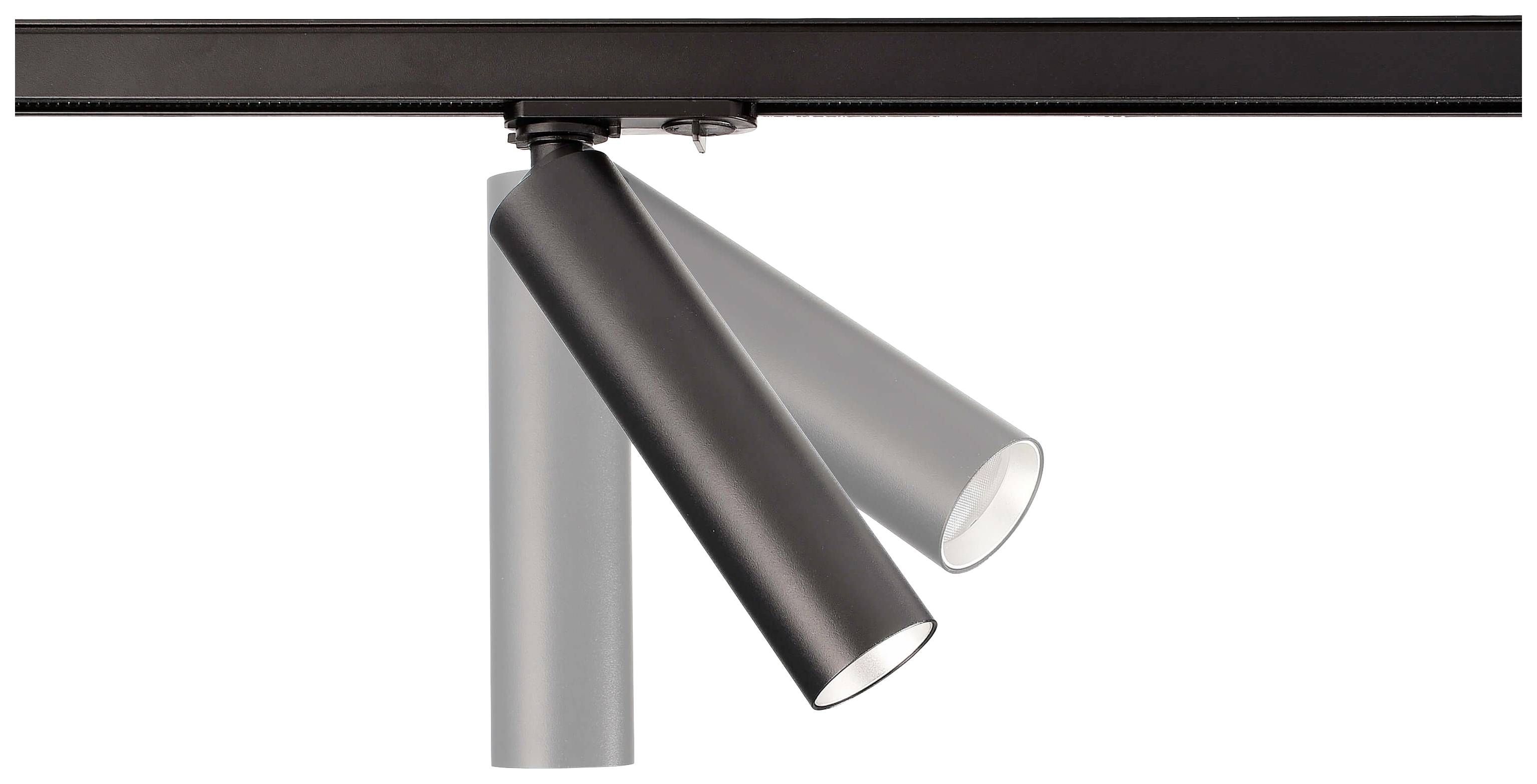Deux projecteurs de plafond cylindriques gris sur une rail noir. Ils sont orientés dans des directions différentes.
