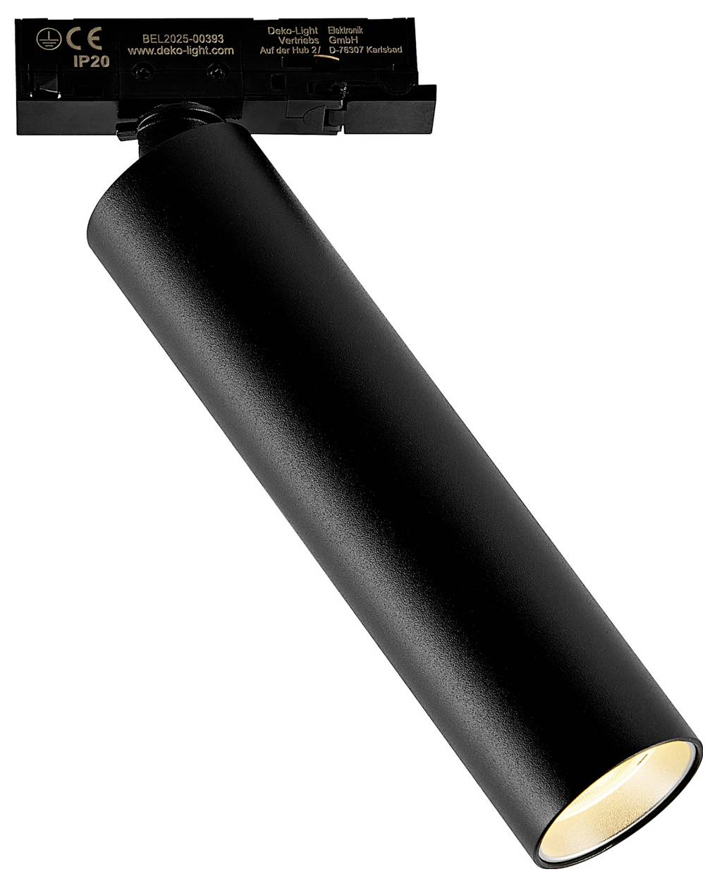 Spot réglable noir sur rail, à tête cylindrique, représenté allumé et incliné vers le bas sur fond blanc.