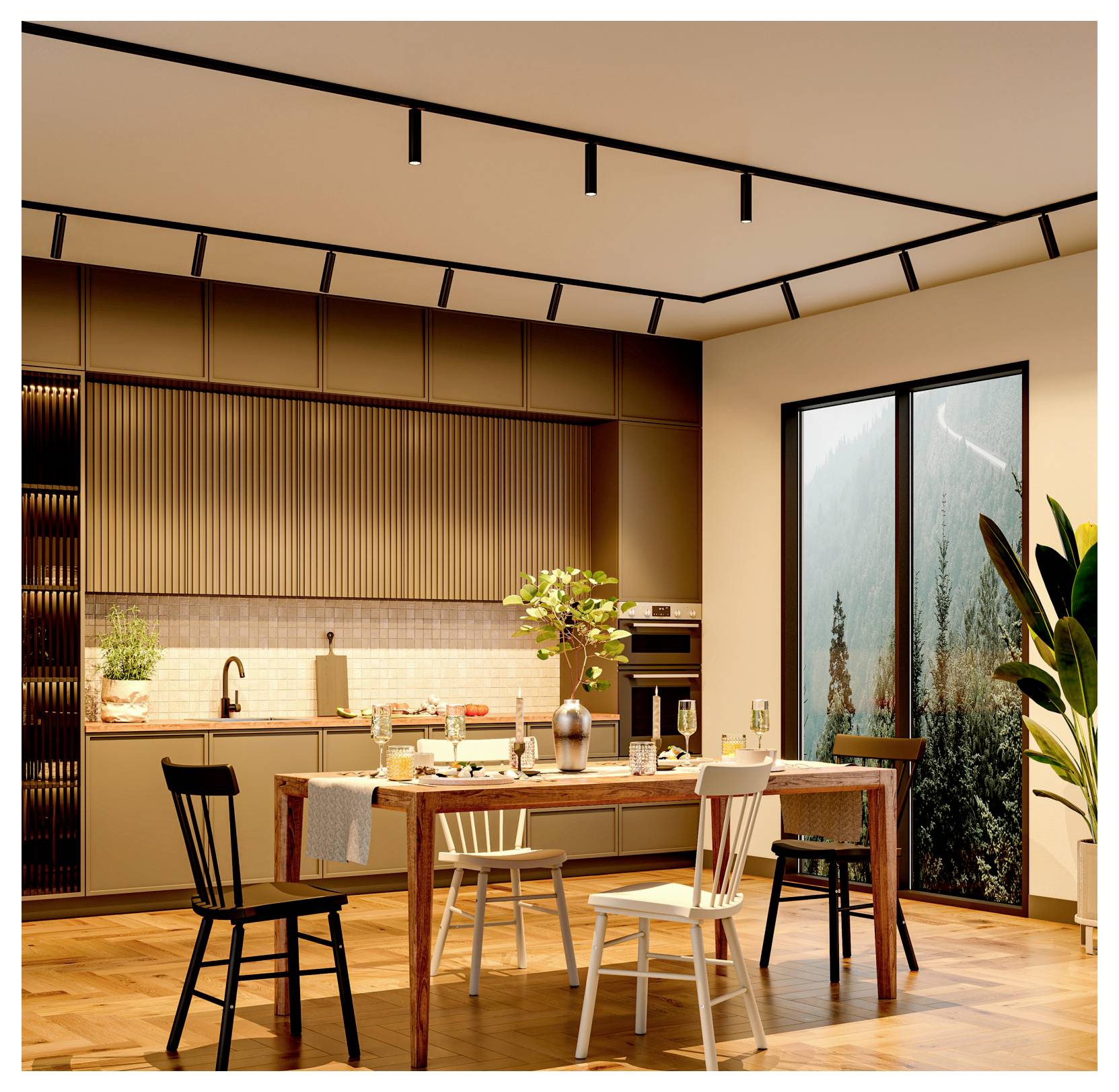 Cuisine et salle à manger modernes à aire ouverte avec table en bois, chaises dépareillées, grandes fenêtres et éclairage minimaliste.