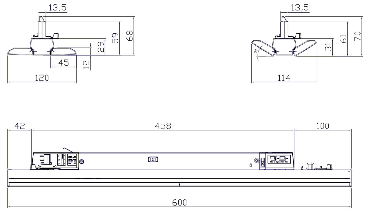 Dessin technique coté d'un luminaire rectangulaire, présentant les vues de profil et de face avec les dimensions en millimètres.