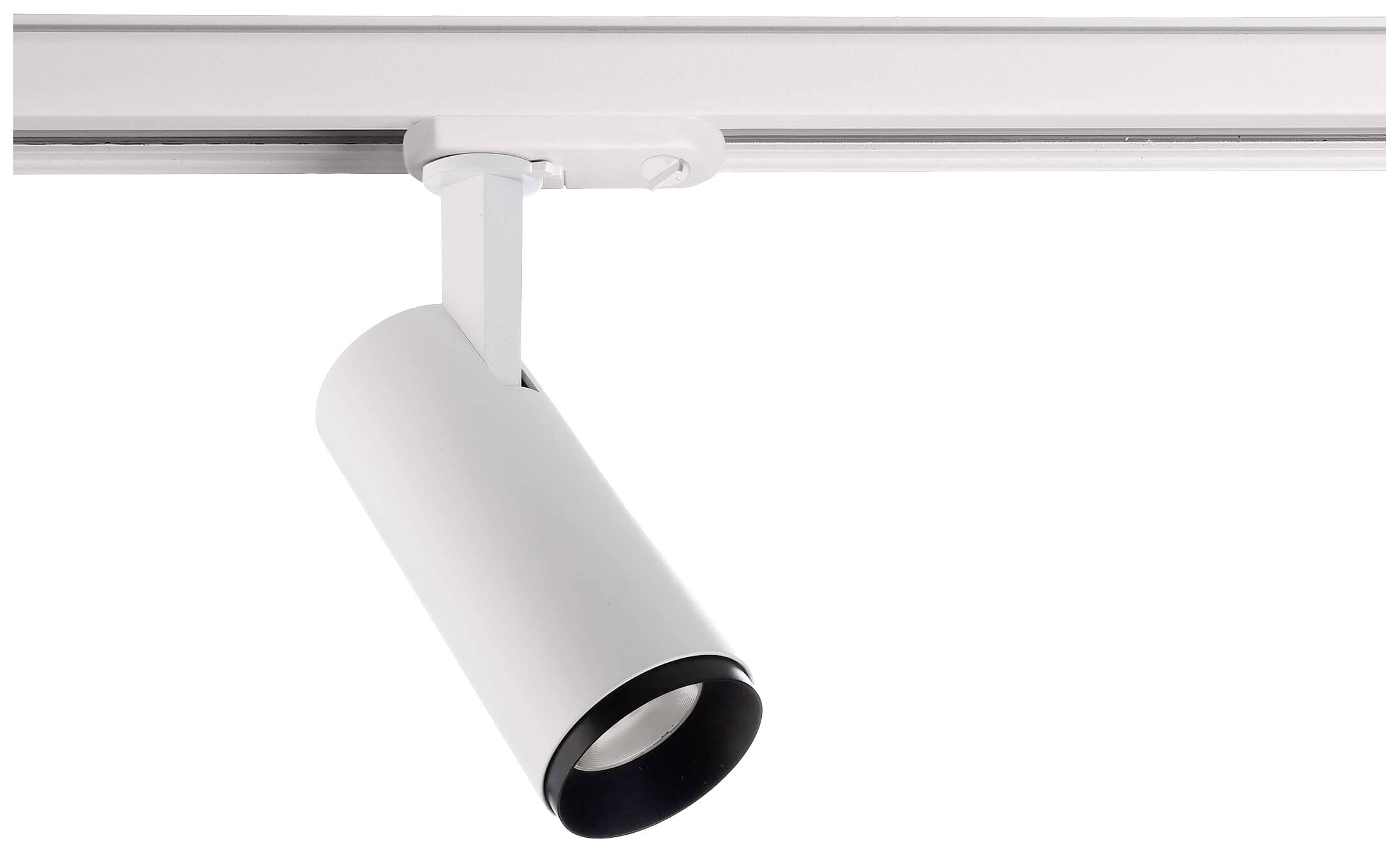 Un projecteur LED blanc moderne est suspendu à une rail au plafond. Le projecteur présente un design élégant et est réglable.