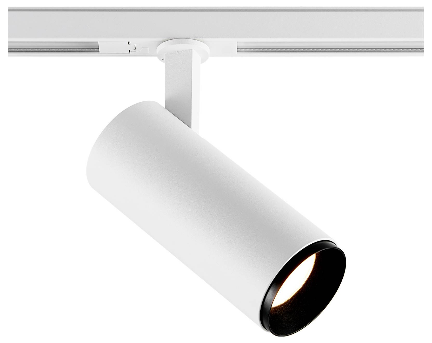 Spot sur rail blanc monté au plafond, orienté vers le bas, présentant un luminaire cylindrique avec une lentille éclairée bordée de noir.