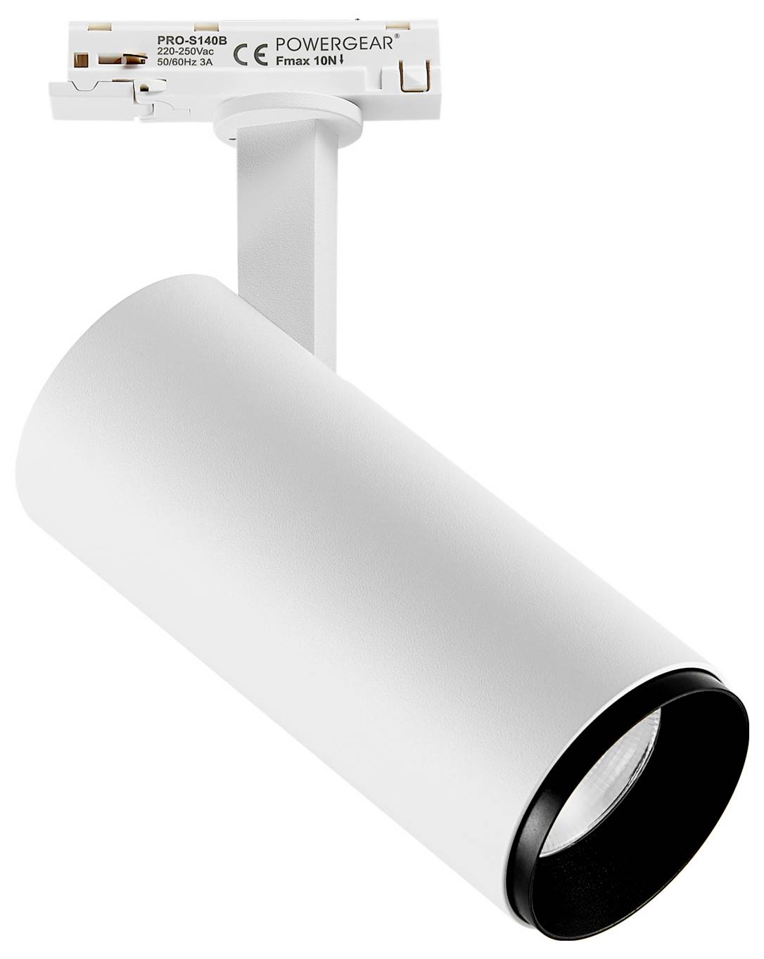 Spot cylindrique blanc sur rail avec lentille à contour noir, monté sur un adaptateur de rail de plafond blanc.