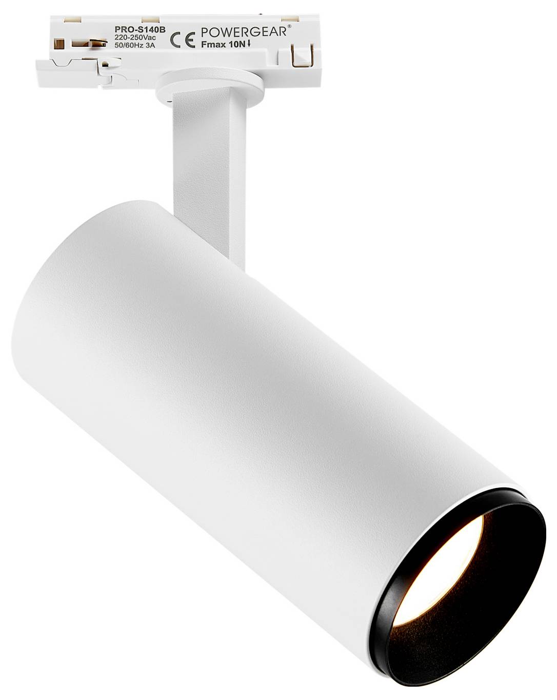 Spot cylindrique blanc sur rail, avec bord noir, monté sur un rail de plafond et orienté vers le bas sur un fond blanc uni.