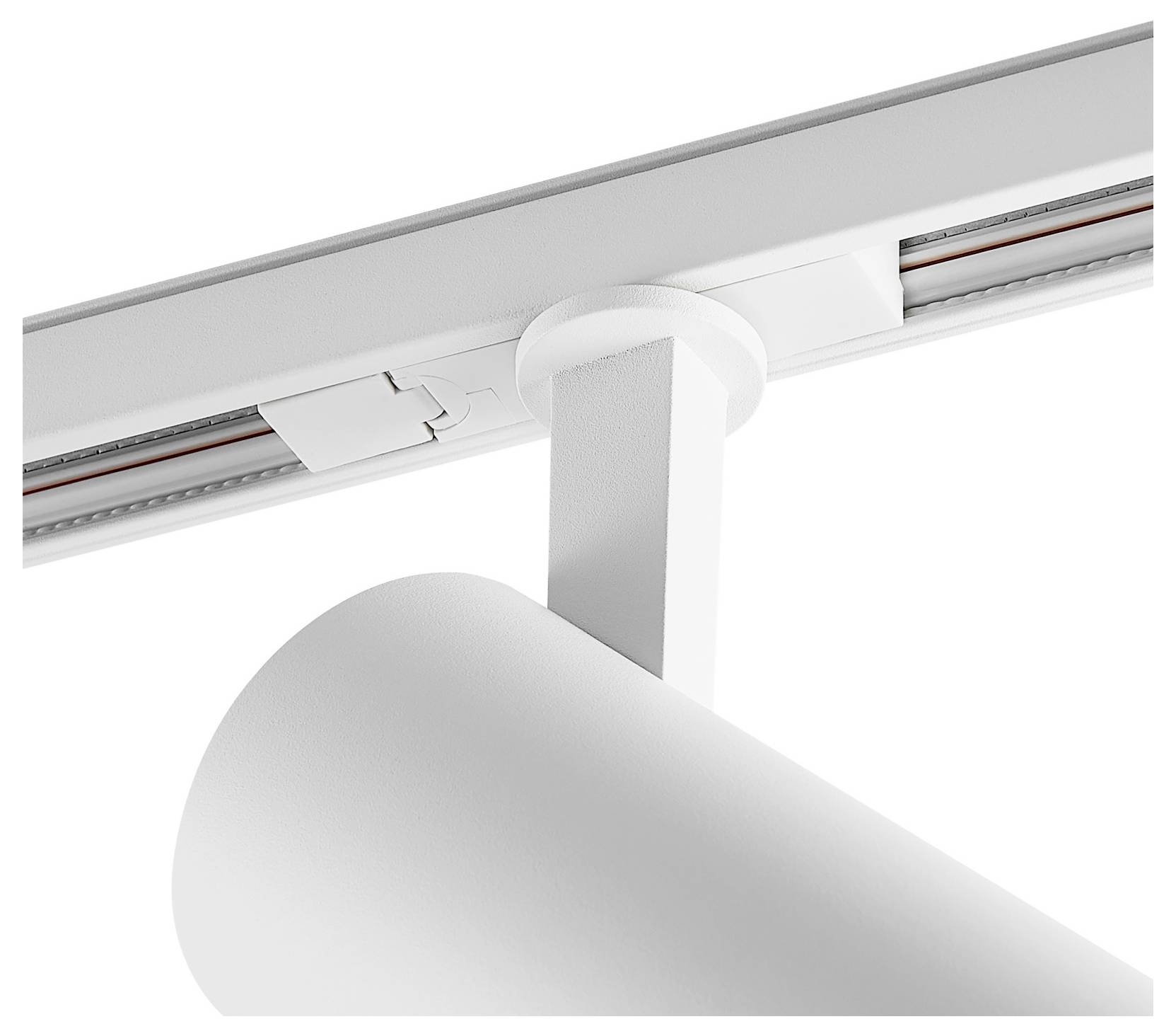 Gros plan d'un spot blanc sur rail d'éclairage avec projecteur monté et rail de plafond sur fond blanc uni.