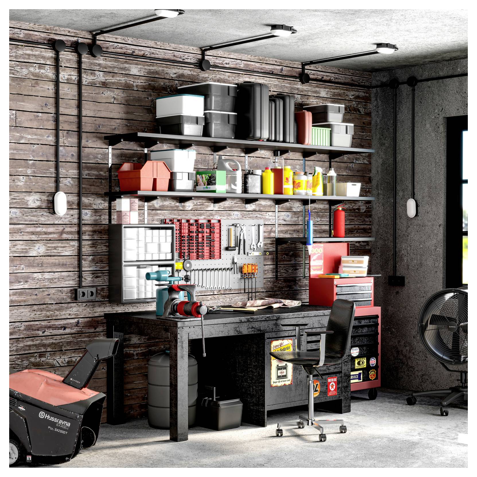 Atelier de garage avec des étagères murales garnies de bacs de rangement et d'outils au-dessus d'un établi, une tondeuse à gauche, et une chaise et un ventilateur à droite.