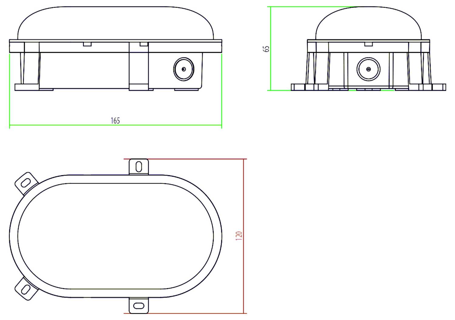 Dessin technique d'un composant à sommet ovale représenté en vues de face, de côté et de dessus, avec les cotes 165, 65 et 120.