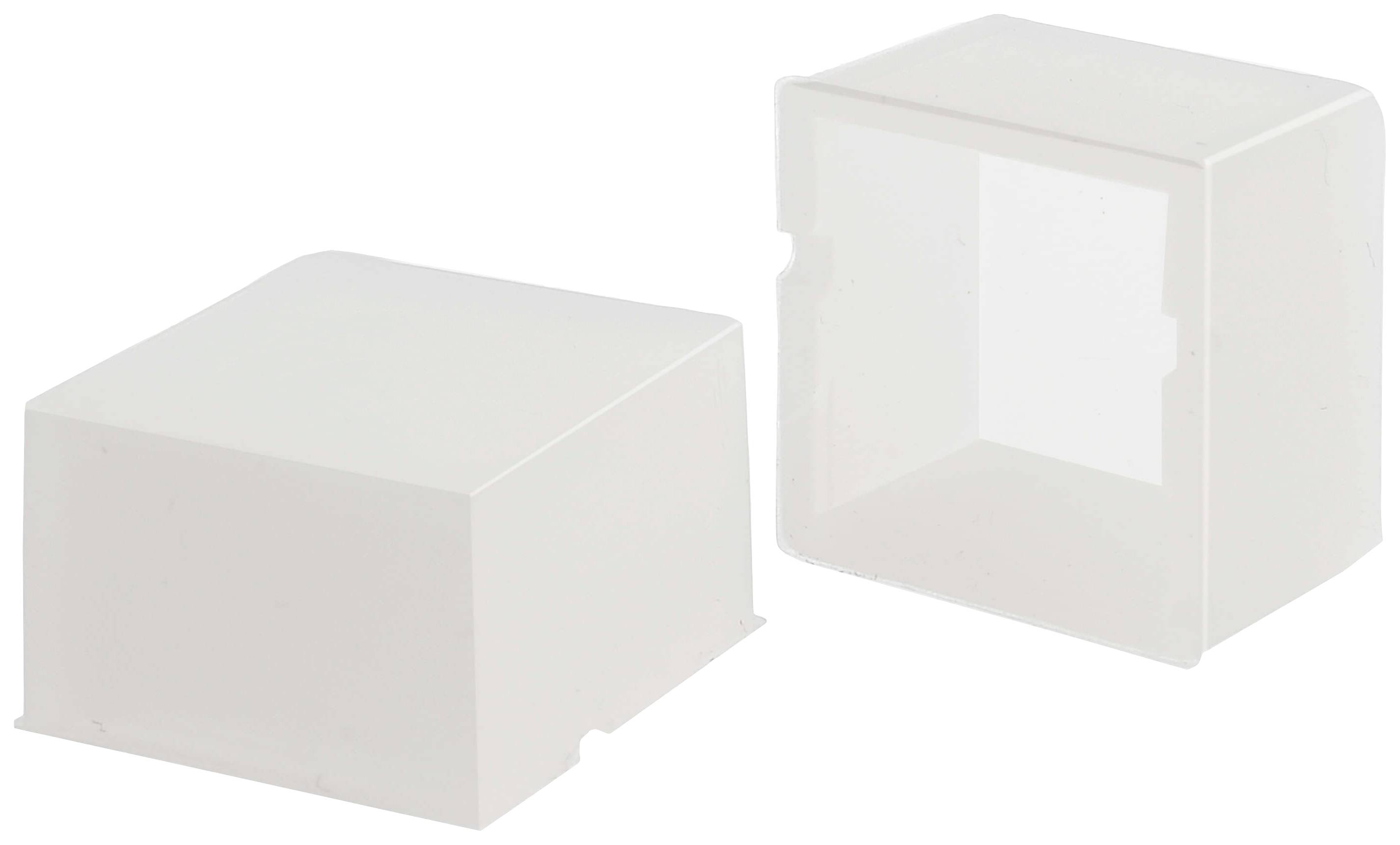 Deux couvercles en plastique blanc, carrés, creux, sur un fond blanc.