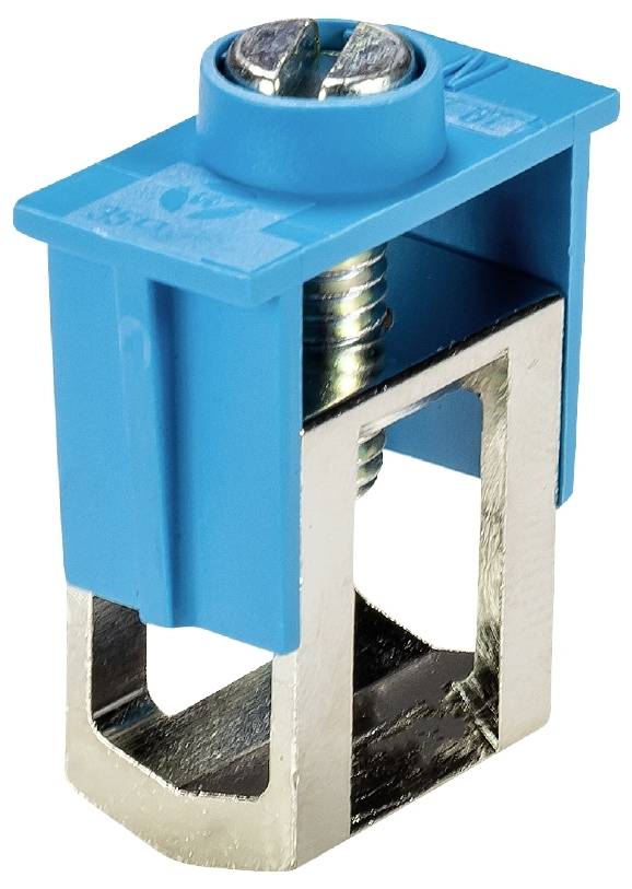 Collier de serrage métallique avec couvercle en plastique bleu, adapté pour les fixations. La vis permet une fixation solide.