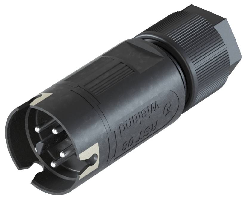 Un connecteur cylindrique noir avec plusieurs contacts métalliques et un filetage à vis rainuré.