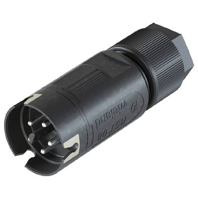Un connecteur cylindrique noir avec plusieurs contacts métalliques et un filetage à vis rainuré.