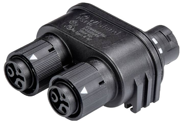 Un connecteur électrique noir, bipolaire, avec des vis de fixation pour la sécurisation du câble et un revêtement plastique robuste.