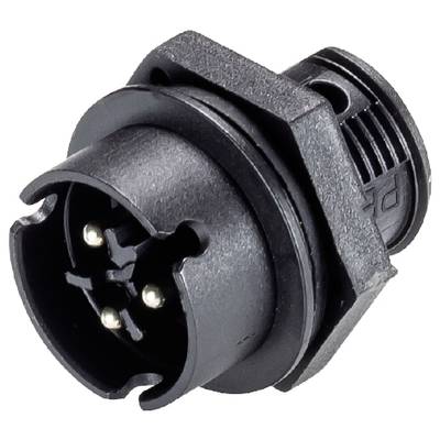 Un connecteur électronique noir, cylindrique, doté de plusieurs broches et d'un bord hexagonal pour la fixation.