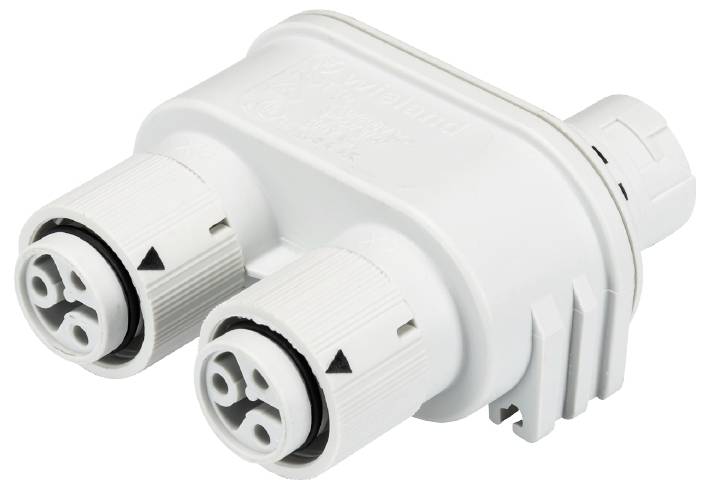 'Connecteur électrique blanc à deux emplacements pour connexions de câbles, adapté aux applications industrielles.'