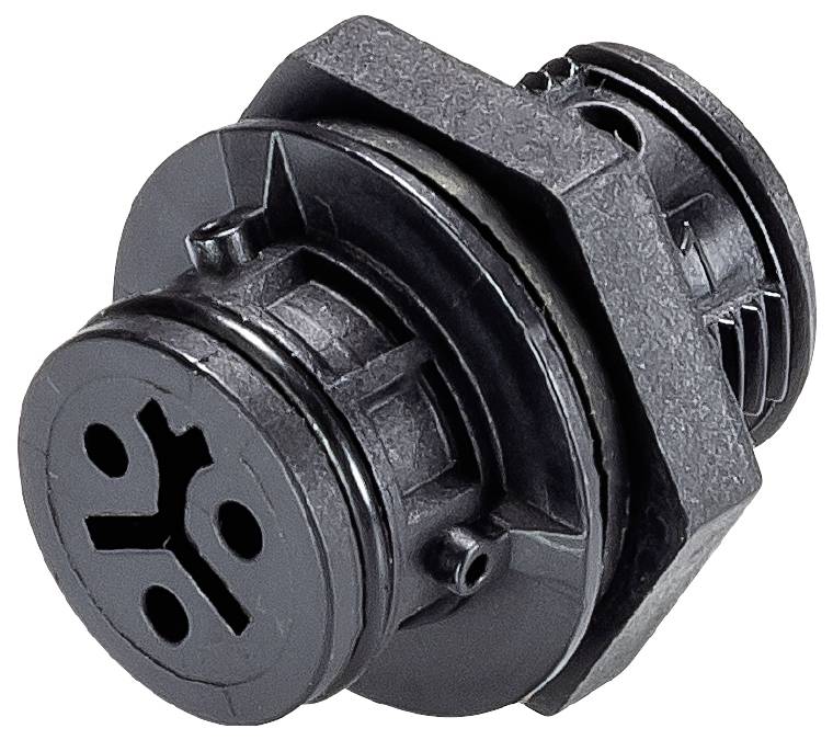 Un connecteur électrique noir, rond, avec un col hexagonal présentant plusieurs contacts de connexion pour des branchements de câbles.