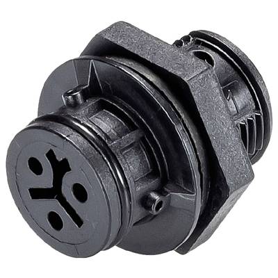 Un connecteur électrique noir, rond, avec un col hexagonal présentant plusieurs contacts de connexion pour des branchements de câbles.
