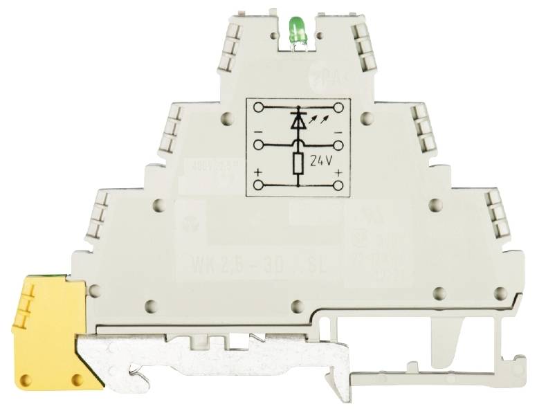 Un module de relais électronique avec un schéma de diodes intégré, affichant un voyant LED vert et une entrée 24V.
