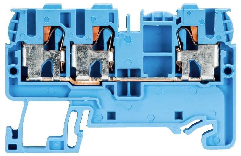 Un connecteur électrique bleu avec des contacts métalliques, deux emplacements sont visibles.